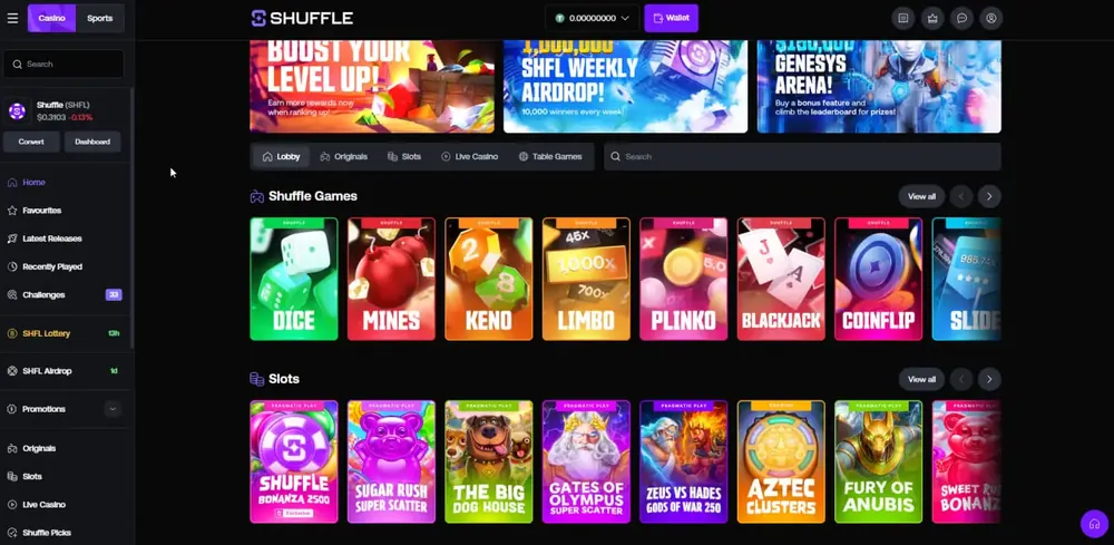 Shuffle casino lobby with original games and slot titles
