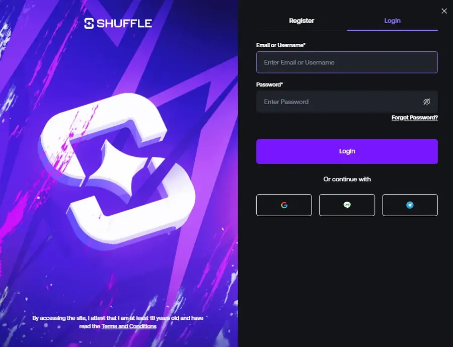 Shuffle sign-in panel with Register and Login tabs, email and password fields