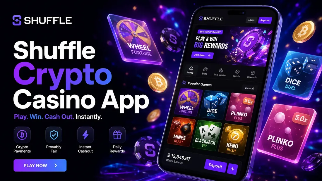 Shuffle on a smartphone showing the lobby, sports tab and wallet balance