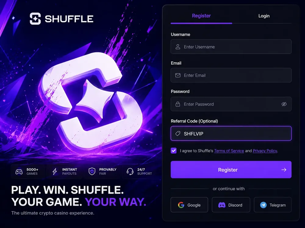 Shuffle registration form with SHFLVIP typed into the Referral Code field