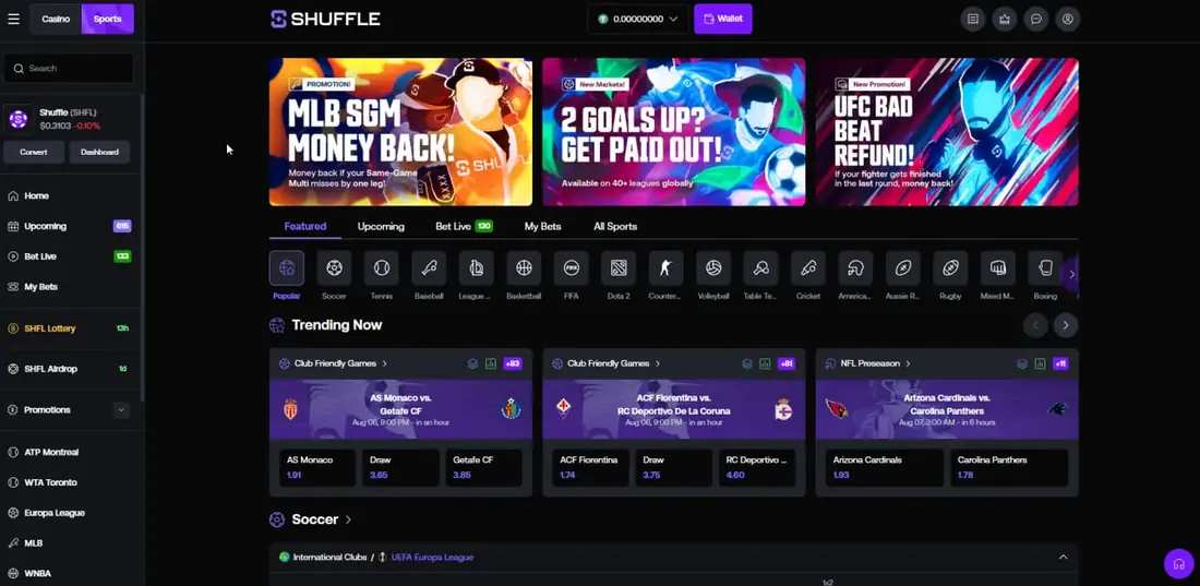 Shuffle sportsbook interface showing trending fixtures, league filters and match odds